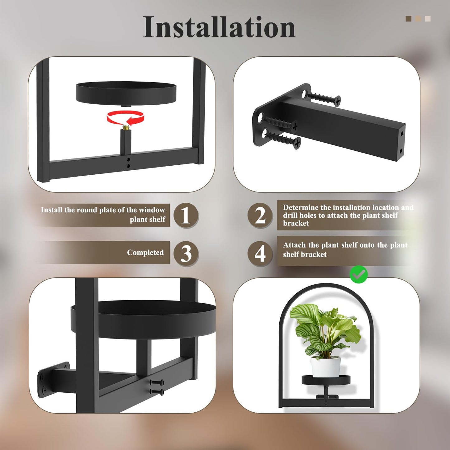 SSNEWOG Window Plant Shelves Indoor, 3 Pack Metal Wall Mounted Plant Holder, Minimalist Style Hanging Plant Shelves, Space Saving Design Black Plant Stand For Multiple Plants