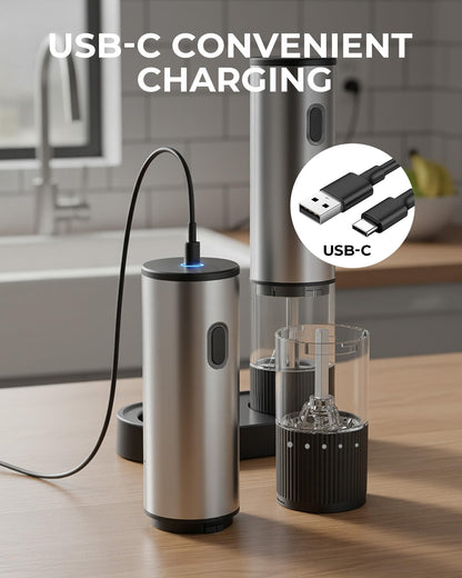 Electric Salt and Pepper Grinder Set, USB Rechargeable Salt and Pepper Shaker with LED Light, Stainless Steel Adjustable Automatic Pepper Mill for Kitchen, Dining