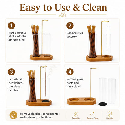 2 in 1 Incense Stick Holder - Glass Incense Holder with Ash Catcher & Incense Storage and Sticky Pads, Anti-Ash Flying Incense Stick Burner for Meditation Yoga Spa Home Office Decor