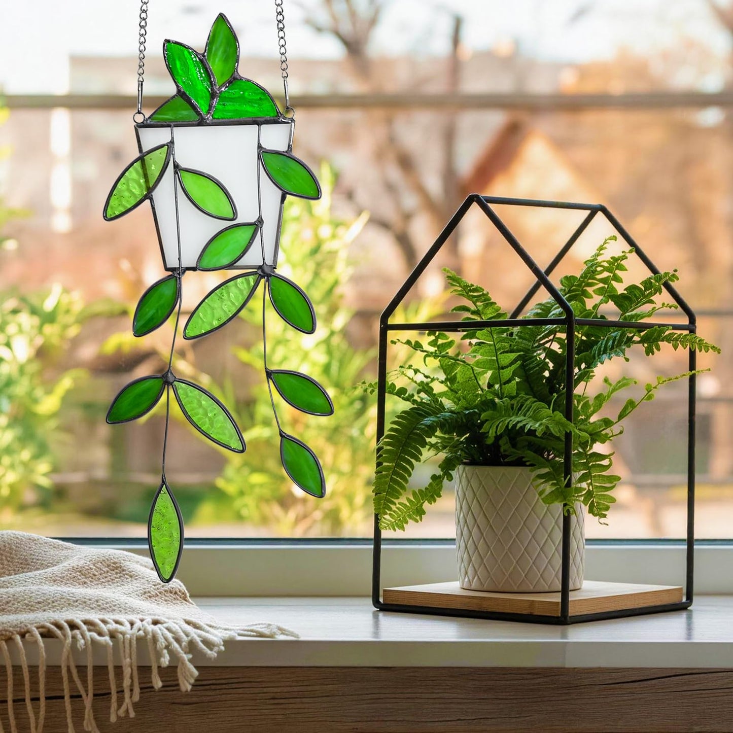 Fake Hanging Plants Greenery Stained Glass Plant Window Hanging Handmade Green Leaf Suncatcher Faux Plant Stained Glass Panel with Chain Sun Catcher Gift for Women Mom Grandma Plant Lovers Home Decor