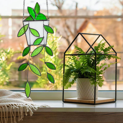 Fake Hanging Plants Greenery Stained Glass Plant Window Hanging Handmade Green Leaf Suncatcher Faux Plant Stained Glass Panel with Chain Sun Catcher Gift for Women Mom Grandma Plant Lovers Home Decor