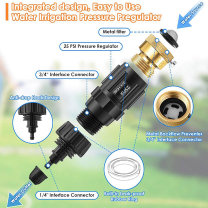 Gulfmew Drip Irrigation Faucet Adapter 25 PSI, 1/4" Tubing Quick Connect to 3/4" Garden Hose with Backflow Preventer, Filter, Tape, Pressure Regulator, Copper Drip Irrigation System Fittings (8 Pack)