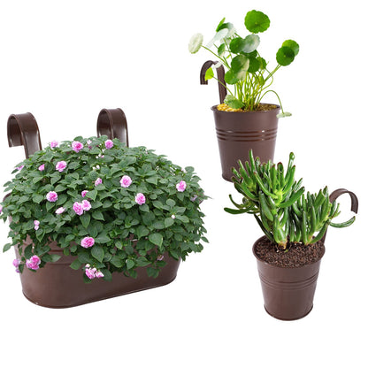 HowRU Metal Iron Flower Pots for Railing Fence Hanging Bucket Pots(5 Pcs) and Hanging Flower Pots Metal Iron Bucket Planter(10 Pcs) (Bronze)
