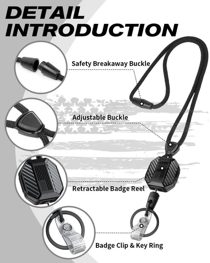 LIUGX Retractable Breakaway Lanyards for ID Badges Holder Keys, Carbon Fiber-Texture & American Flag, Badge Reel with Heavy Duty ID Card Holder (Holds 6 Cards) with 20" Cord, Keychain, 4.2 oz, Black