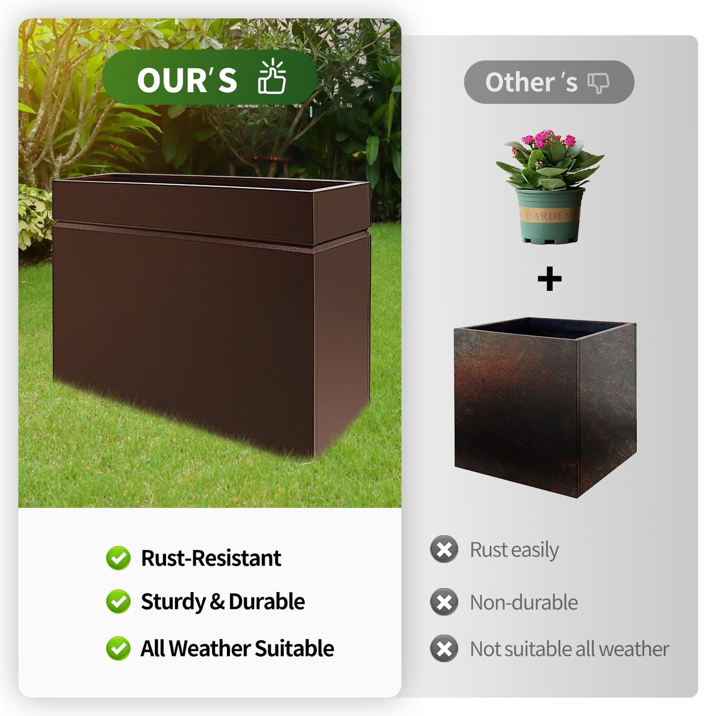 HONYTA Metal Rectangular Planter Box, Powder Coating Steel Large Planters 35" L x 12" W x 26" H with Drainage Hole, Indoor Outdoor All-Weather Use for Home, Porch, Patio, Garden(Bronze)