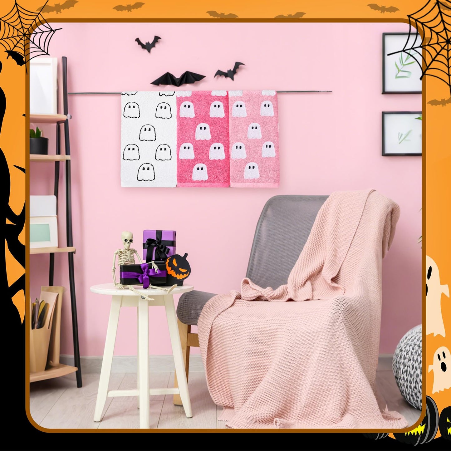 Oudain 3 Pcs Pink Ghost Hand Towels for Bathroom 100% Cotton Pink Halloween Embroidered Decorative Towels Cute Kitchen Gifts for Halloween Bath Shower Decors Housewarming 13.7 x 29.5 Inch