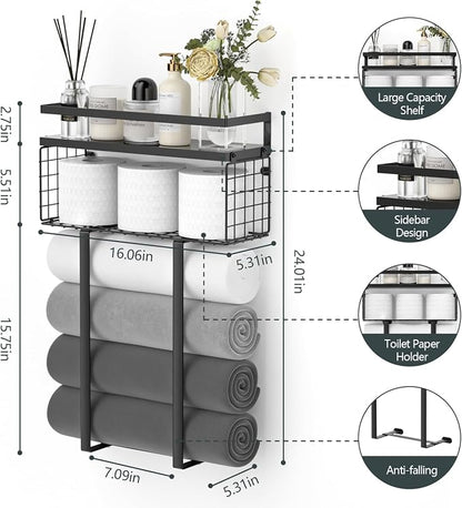 Xstydes Towel Racks for Bathroom, Metal Towel Holder with Storage Basket,Wall Towel Rack for Rolled Towels, Towel Storage for Small Bathroom,Black