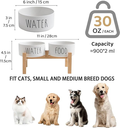 Elevated Ceramic Dog Bowls Set - Food & Water Lettering Raised Dog Bowl with Non-Slip Bamboo Stand for Small and Medium Dogs, Weighted Dogs Dishes Pet Bowls (6 inch, 2 * 30oz, White)