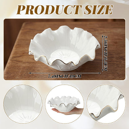 Ferrochef 2 Pack White Lotus Ceramic Decorative Bowls 7.48 x 2.56 Inch Ruffle Lotus Leaf Scalloped Bowl with Gold Trim for Coffee Table Counter Keys Coins Catchall