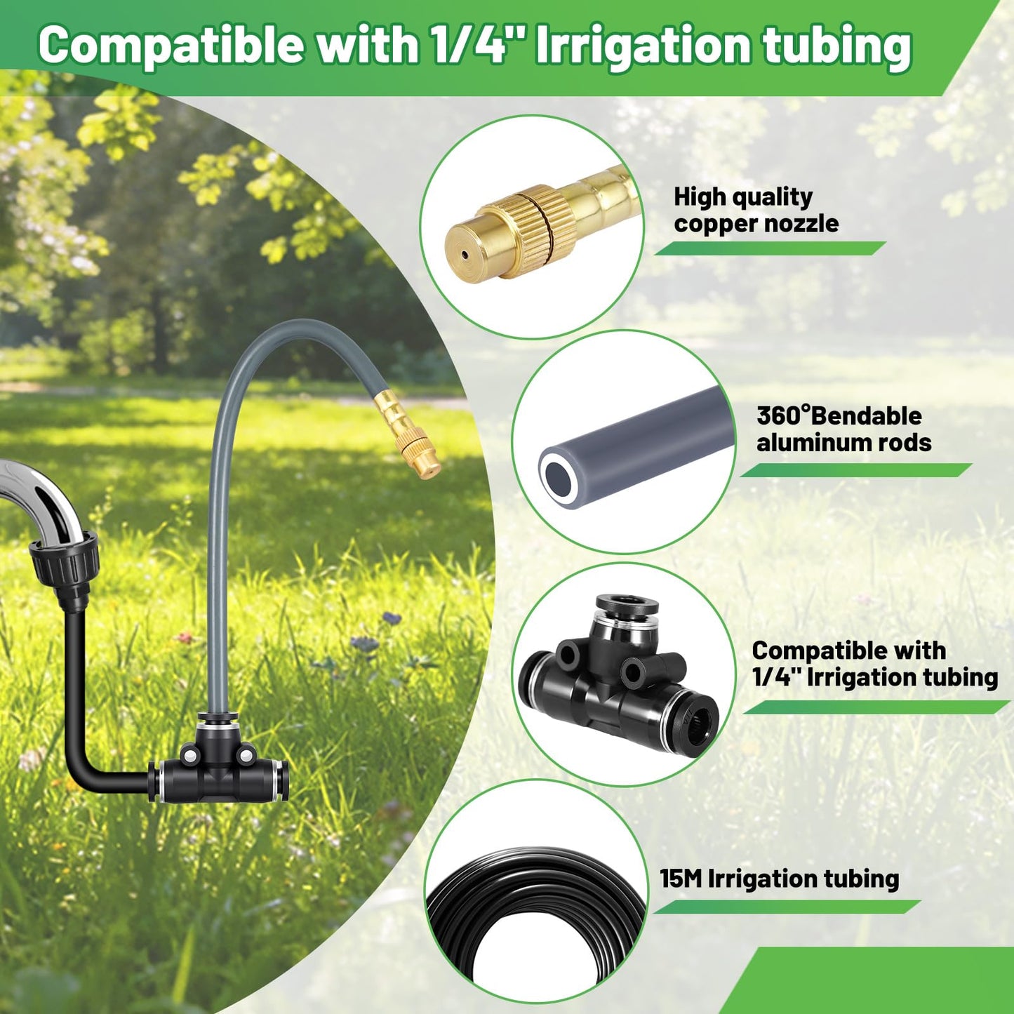 360° Adjustable 1/4" Drip Irrigation System,Bendable Watering Misting Irrigation System, Garden Watering Atomizing System with 15 Nozzles, Automatic Irrigation System for Garden
