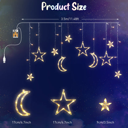 Riakrum 11.48 ft LED Star and Moon String Lights, Warm White, USB Powered, Waterproof, Model Riakrum-String Lights-073