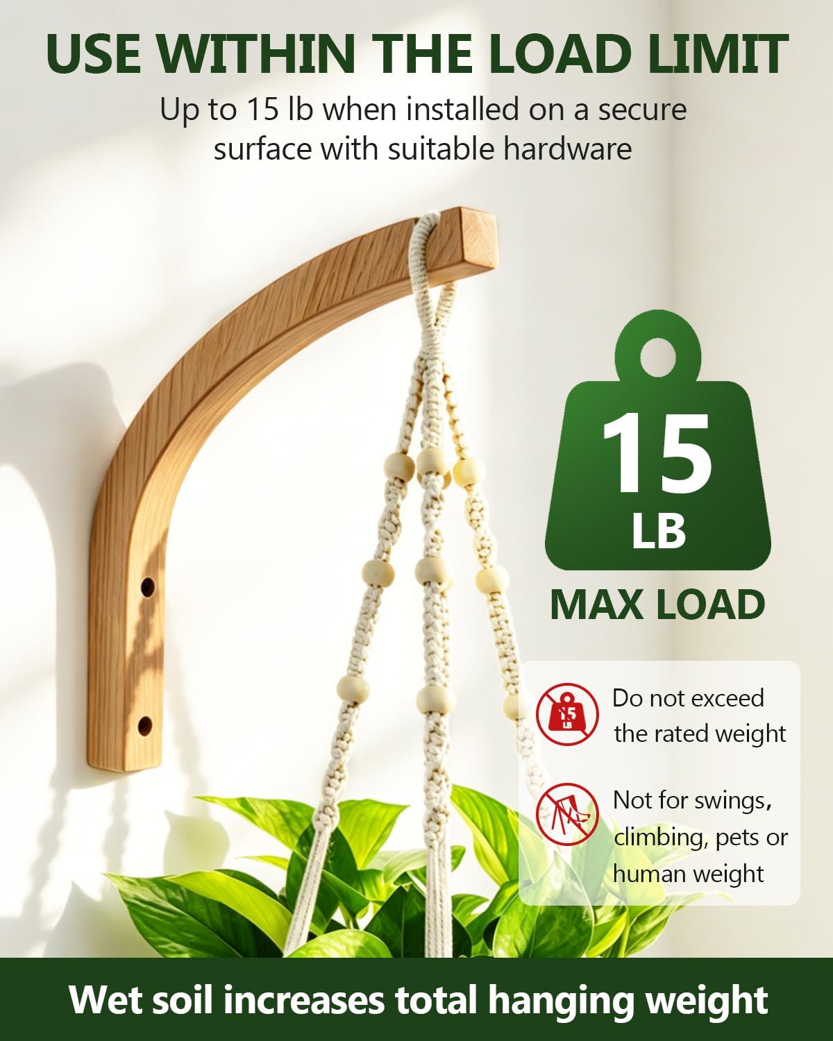 DSJIFGEW Wooden Plant Hangers - Hanging Plant Hooks for Indoor Outdoor, Wood Hanging Wall Plant Hooks Heavy Duty for Flower Pots Wind Chimes and Bird Feeders(2-Pack,8-Inch)