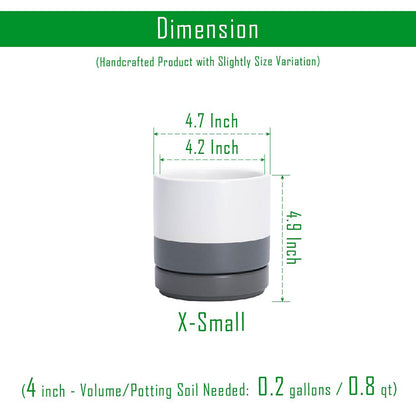 D'vine Dev Set of 2 Plants Pots, 4.7 Inch Ceramic Planter Pot for Plants with Drainage Hole and Saucer, White/Speckled Grey, 94-V-B-6