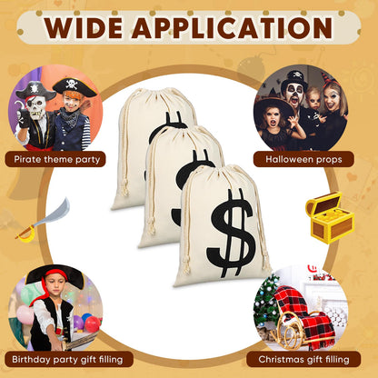 LEIFIDE 4 Pcs Canvas Money Bag Pouch with Drawstring Dollar Sign Carrying Sack Costume Props Canvas Coin Bag for Halloween Cosplay(6.3 x 9 Inch)