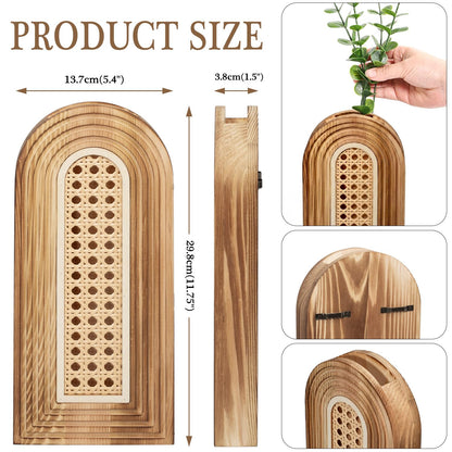 Dnnnii 2 Pack Wooden Wall Vase Set - Brown Finish Hollow Rattan Modern Farmhouse & Boho Wall Decor for Entryway, Hallway, Bathroom, Living Room, Dining Room, Narrow Spaces