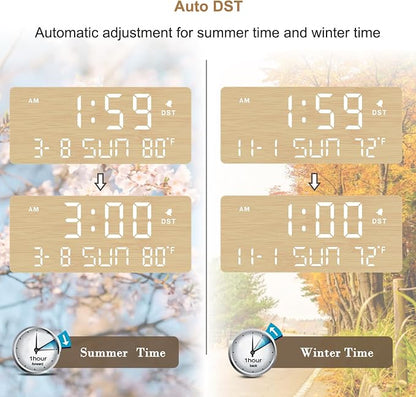 DreamSky Wooden Digital Alarm Clocks for Bedrooms with Date & Day of Week | Living Room Desk Clock, Temperature, USB Port, Dimmer Wheel, Adjustable Volume, Auto DST, Office Wood Decor (Plug-in)
