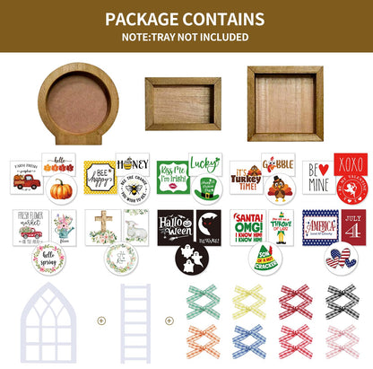 nuvagiki Interchangeable Seasonal Tiered Tray Decor Set, Farmhouse Holiday Wooden Sign Kit with Frames, Ladder & Arch, Year Round Home Decorations for Bee Spring Summer Patriotic (Tray Not Included)
