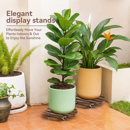 Lissomballon 2 Pack Plant Stand Indoor and Outdoor, 12IN Premium Wooden Plant Caddy with Wheels, Heavy Duty Plant Stands with 360° Lockable Wheels, Classic Plant Cart