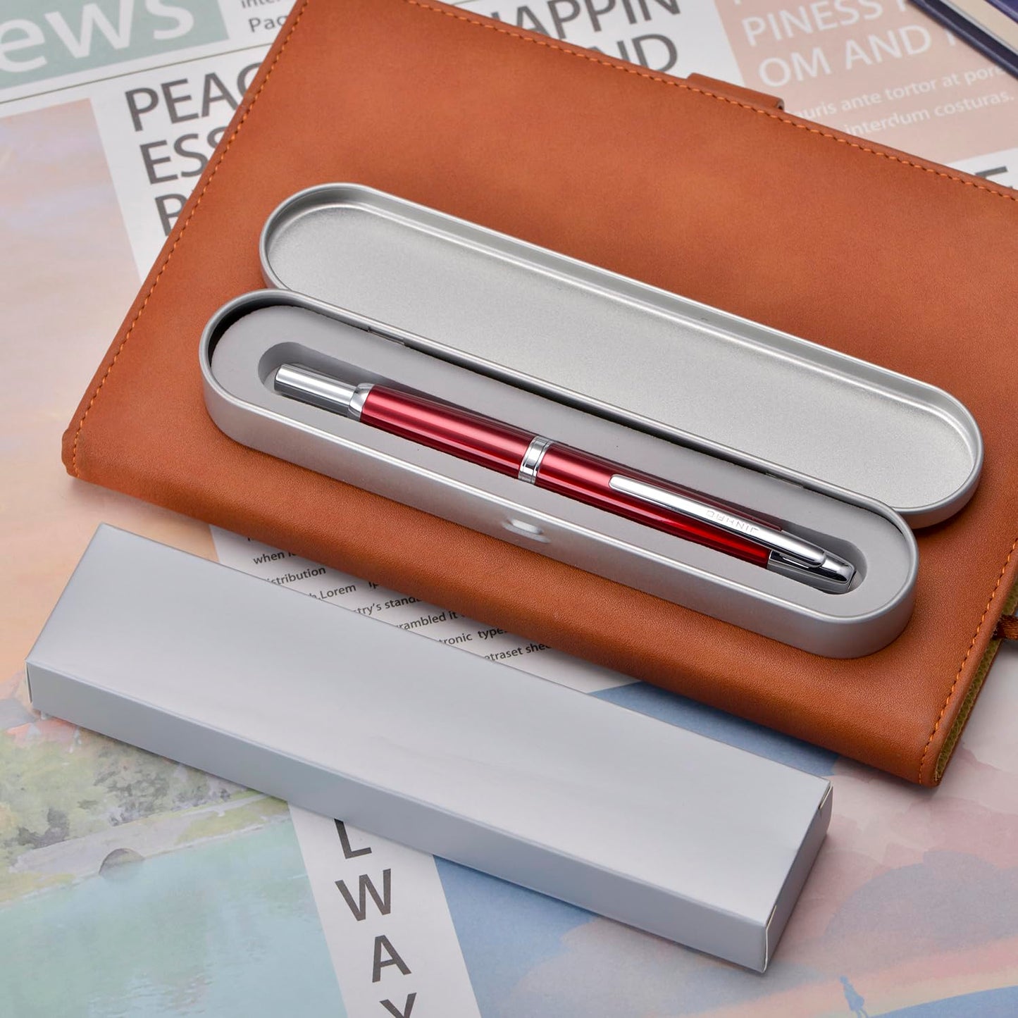 Jinhao 10 Press Fountain Pen with Box, Rose Red Retractable Extra Fine Nib with Ink Converter Set (Silver Clip)