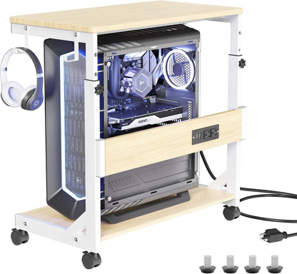 Height Adjustable Computer Tower Stand with Charge Station and USB Charging Port, 2-Tier ATX-Case Cart, Under Desk Mobile PC Stand, CPU Holder Cart with Locking Caster Wheels for Fits Most PC