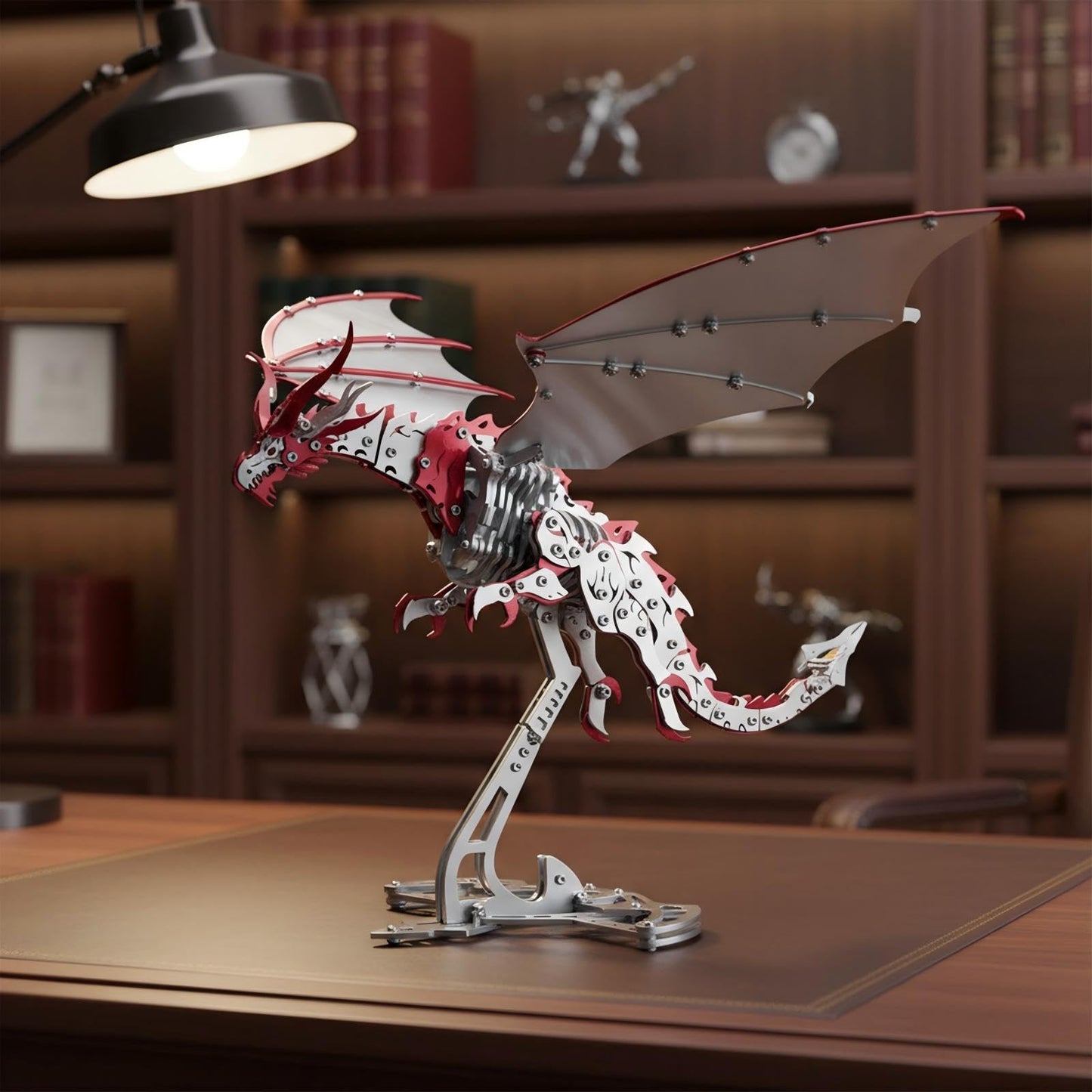 Dragon 3D Metal Puzzles for Adults, 373 PCS Stainless Steel DIY Mechanical Metal Model Kits,No Glue Assembly with Movable Joints,Challenging Metal Building Kit Desk Decor Gift(Silver Red Dragon)