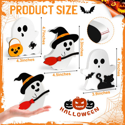 COCHIE Cute Ghost Halloween Decorations Indoor, Wooden Tiered Tray Decor Table Sign Set of 3, Black Cat Bat Witch Broom Signs Pumpkin Blocks for Party Home Shelf Display (A-Ghost)