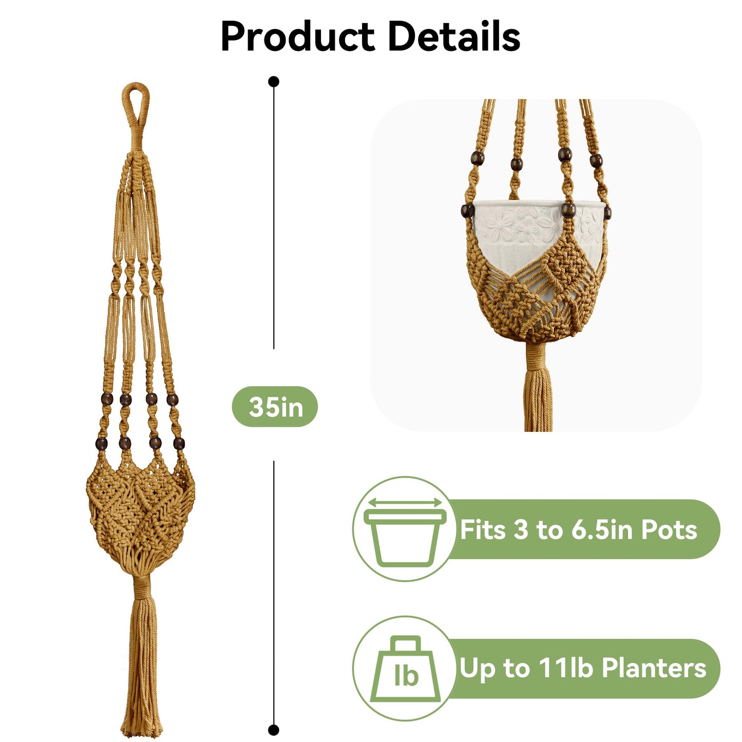 USLAI Macrame Plant Hanger Indoor Outdoor, Fits 3 to 6.5 inch Pots, Hanging Planter Holder with Beads and Tassels, Boho Home Decor, 35+35 Inch, Brown (POTS NOT Included)