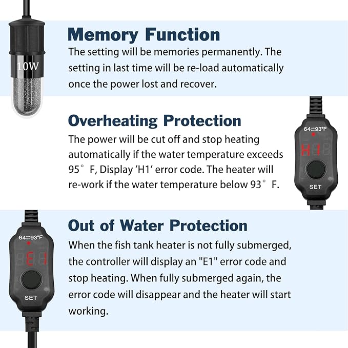 YOFOTHS Adjustable Mini Aquarium Heater 0.5/1/2/3 Gallon Submersible Small Fish Tank Heater 10W/20W/30W Digital Display Thermostat External Temperature Controller (10W)