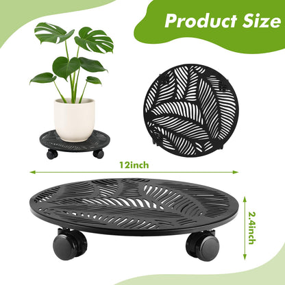 Planterhoma 2 Packs 12 Inch Large Metal Plant Caddy with Wheels Heavy-duty Rolling Plant Stand with Casters Flower Pot Mover Roller Base Flower Pot Dolly Coaster Trolley, Tropical Leaf