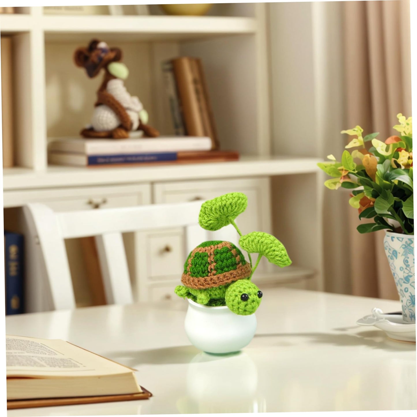 Joygoodta Crochet Turtle in Pot, 4.7in Adorable Crochet Plants Decor, Cute Green Turtle Planter with Leaf, Unique Home Desk Decoration for Plant & Animal Lovers