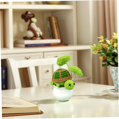 Joygoodta Crochet Turtle in Pot, 4.7in Adorable Crochet Plants Decor, Cute Green Turtle Planter with Leaf, Unique Home Desk Decoration for Plant & Animal Lovers