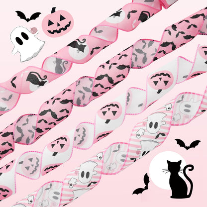 Craflox Pink Halloween Wired Ribbon for Wreath Bows, 4 Rolls, 2.5″ Wide, 20 Yards Total, Pastel Girly Halloween Ghost Wired Ribbons for Crafts Supplies, Pumpkin Cat Ribbon Bow