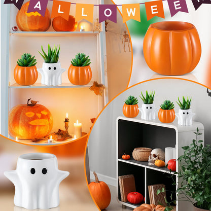Newtay 4 Pack Halloween Pumpkin Ghost Planter 3 Inch Halloween Succulent Pots Bucket Vase Gifts Resin Small Flower Pots for Home Office Party, Plants Not Included