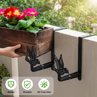 Chumia 4 Pcs Window Box Brackets Adjustable Planter Box Brackets for Railing with Hummingbird Heavy Duty Iron No Drill Flower Pot Holders for Outdoor Fence Balconie Patio Garden