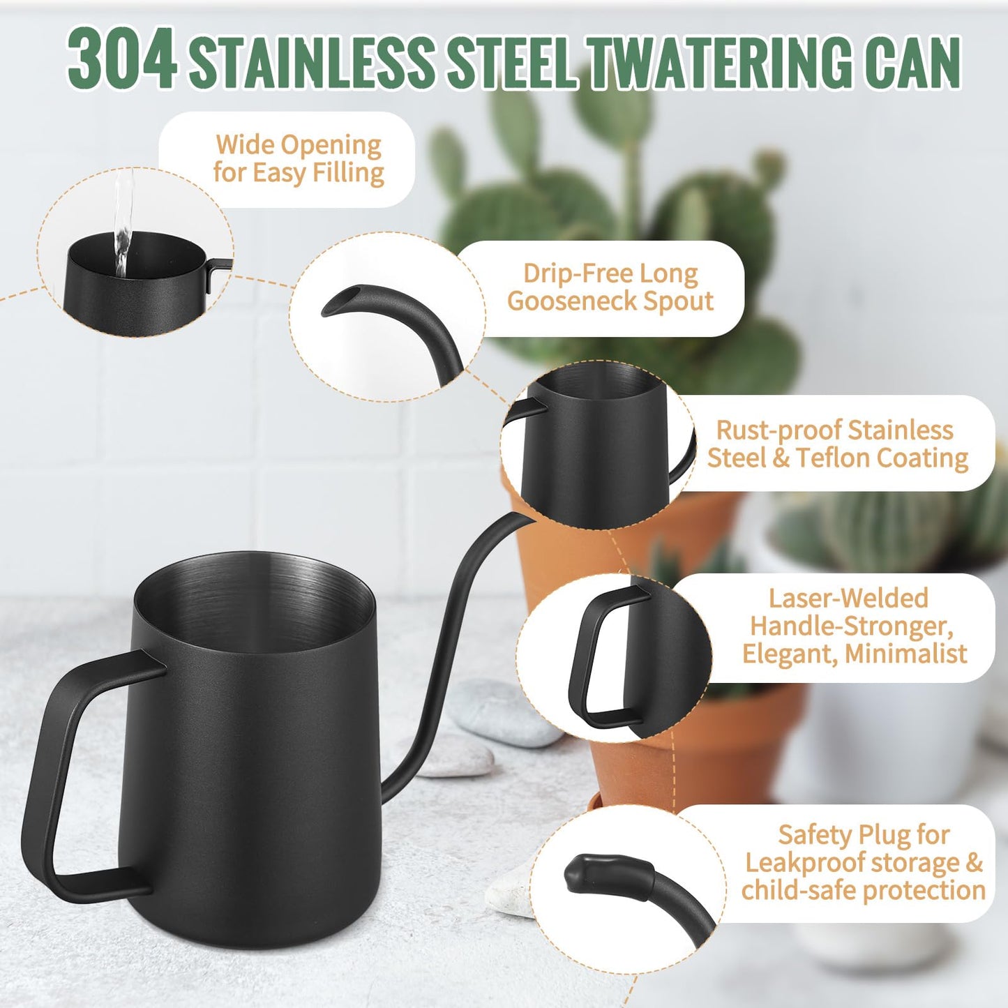 Small Watering Can Indoor Plants - 20 oz Mini Stainless Steel Watering Can with Long Spout Rust-Proof Tiny Metal Watering Can for Small House Plants Flowers Home & Office Black