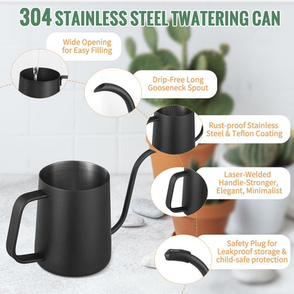Small Watering Can Indoor Plants - 20 oz Mini Stainless Steel Watering Can with Long Spout Rust-Proof Tiny Metal Watering Can for Small House Plants Flowers Home & Office Black