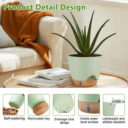 QRRICA Plant Pots 10/9/8/7.5/7 Inch Self Watering Pots, with Drainage Holes and Saucers,Water Level Indicator & Deep Reservoir,Large Plastic Planter for Indoor Out Door Plants (Green)