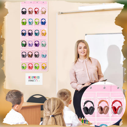 Maasechs Classroom Headphone Storage Organizer 24 PVC Clear Over The Door Hanging Classroom Headphone Holder Pocket with 4 Hooks for School Library(Pink)