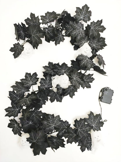 Black Maple Halloween Garland Decor Purple Lights Artificial Wreaths for Wall Fireplace Outdoor Indoor Yard Haunted House Decoration (Skeleton Maple Garlands)