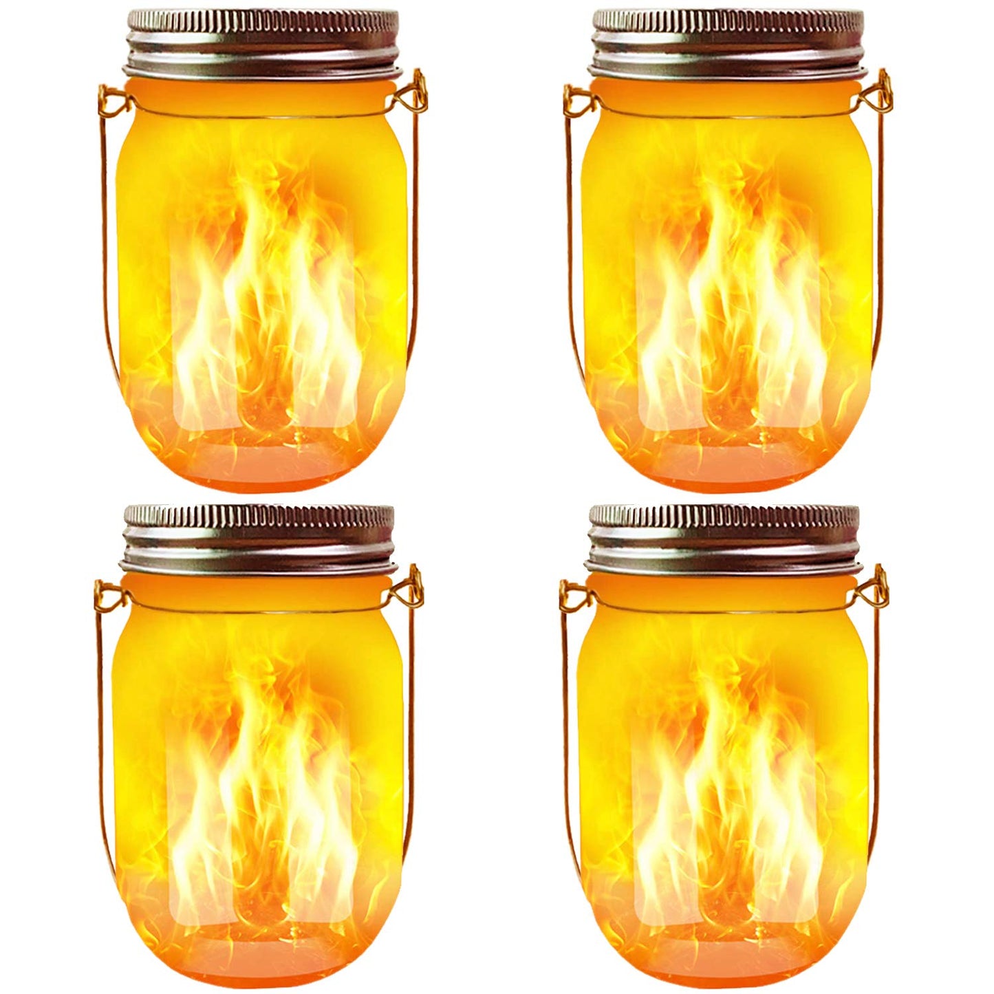 Solar Mason Jar Flicker Lights Upgraded, 4 Pack Flickering Torches Lights Outdoor Hanging Lanterns Landscape Decoration Lighting Dusk to Dawn Auto On/Off Security Halloween Torch Lights