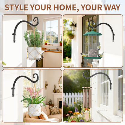 LASZOLA 2 Pack 12 Inch Hanging Plant Brackets, Heavy Duty Iron Wall Hooks for Planter, Bird Feeder, Wind Chime, Lantern, Rust Proof Decorative Hangers for Indoor Outdoor Garden Patio Fence, Black