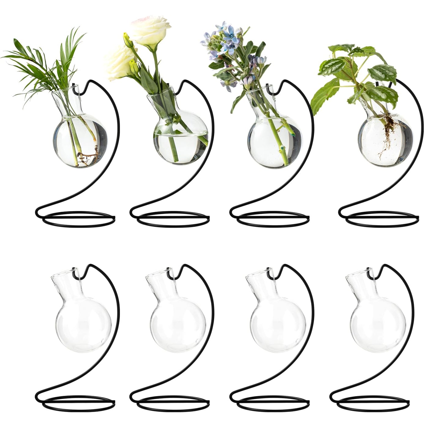 Desktop Glass Plant Propagation Station with Metal Stand, Tabletop Plant Terrarium,Hydroponics Vase for Propagating Hydroponic Office Garden Home Decor, for Weddings, Centerpieces (8)