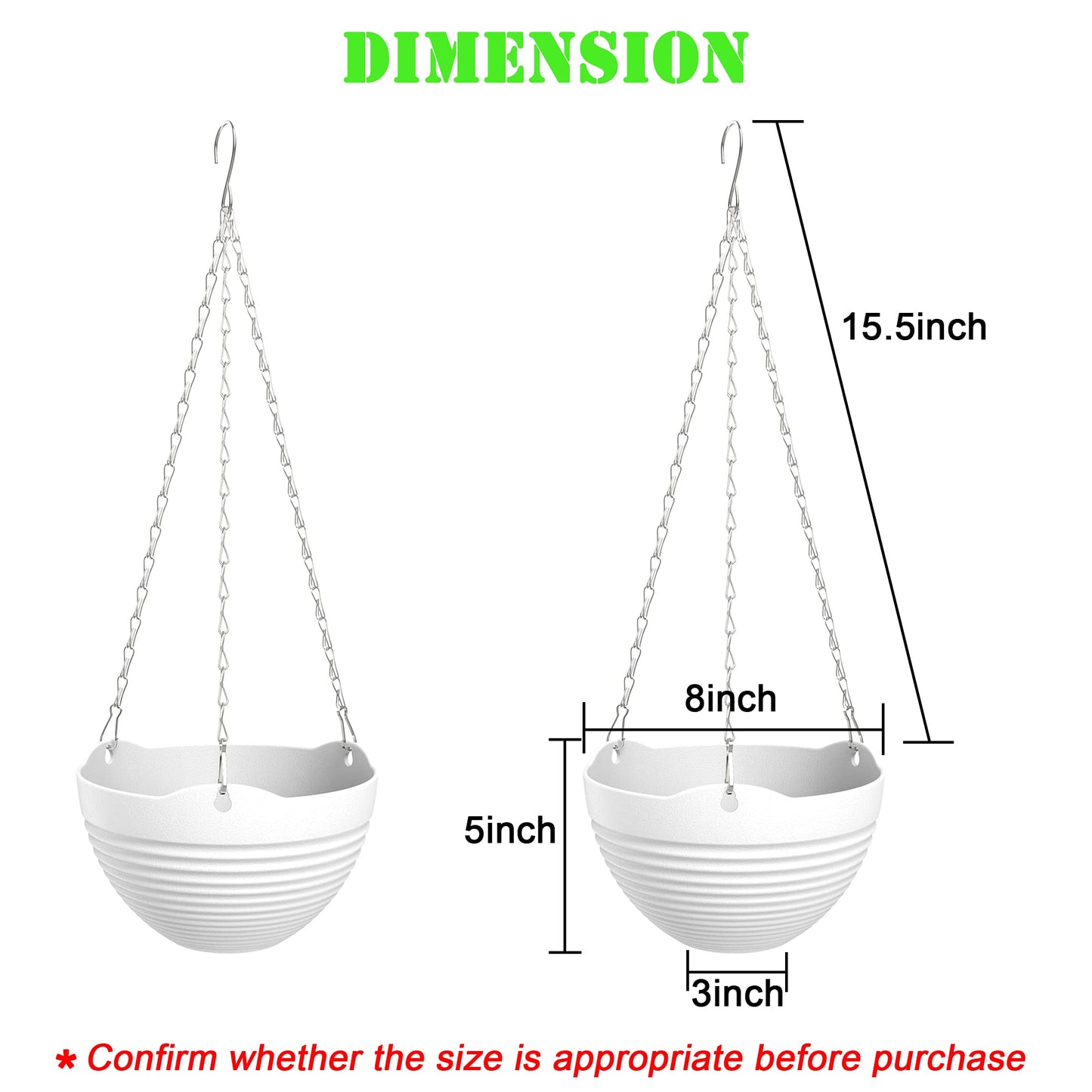 REPICLIFE Hanging Planters, Set of 9 White Hanging Pots, 8" Hanging Flower Pots, Plant Pots with Drainage Plugs, Water Barrier and Chains, Come with Free Mini Garden Tools Set