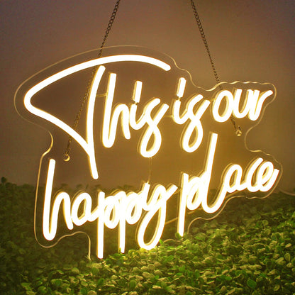 NOSUN This is Our Happy Place Neon Sign,Neon Signs for Wall Decor Happy Place Warm White LED Light Room Decor for Bedroom Classroom Man Cave Home Bar Birthday Party Decor Neon Classroom Sign Dimmable USB Power