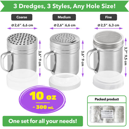 CUSINIUM [Set of 3] 10oz Stainless Steel Dredges With Handle - Fine Mesh + Medium Holes + Large Holes (For Coarse Seasonings)