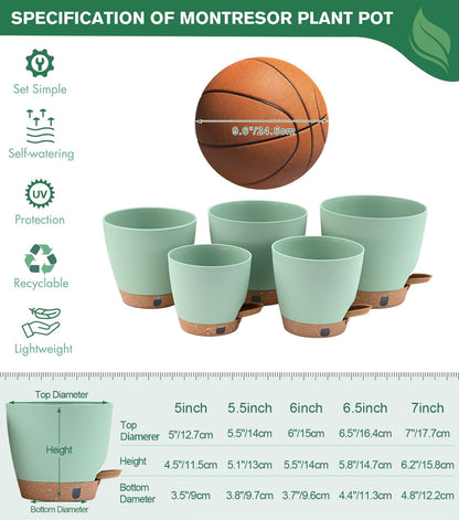 montresor Set of 2-10 Inch Hanging Planters and 5 Pack Green 5/5.5/6/6.5/7 Inch Self-Watering Pots Set