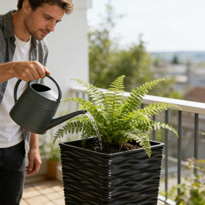 Worth 2 Pack 22" Tall Plastic Square Tapered Planter with Inside Pots for Indoor or Outdoor Use, Modern Wavy Finish for Front Porch or Deck, Black