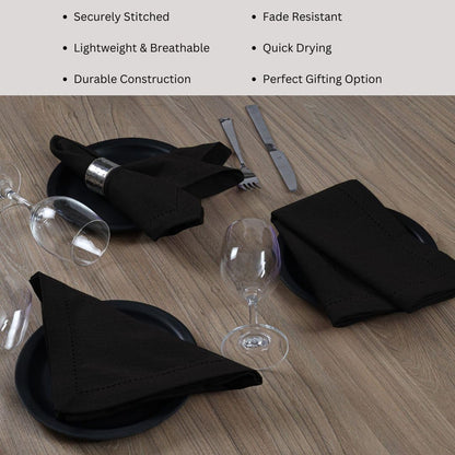 DineNest Hemstitch Cloth Dinner Napkins 100% Cotton Set of 6 - for Dining Special Occasions Weddings Parties Holidays Easter - Soft Durable Reusable - 18x18 Inch Table Cloth Napkins Black