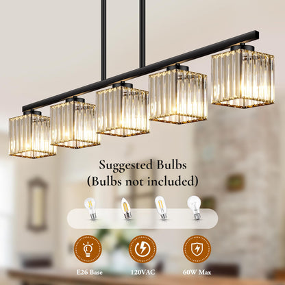 BesLowe Kitchen Island Lighting Linear Chandelier K9 Crystal Black Metal Model L2028-5BK