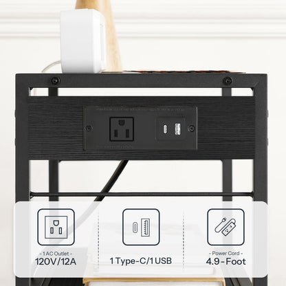 HOOBRO Industrial Printer Stand, 3-Tier Mobile Printer Table, Rolling Cart with Power Outlets and USB Ports, Home Printer Stand with 2 Hooks, for Office, Living Room, Black BB22UPS01